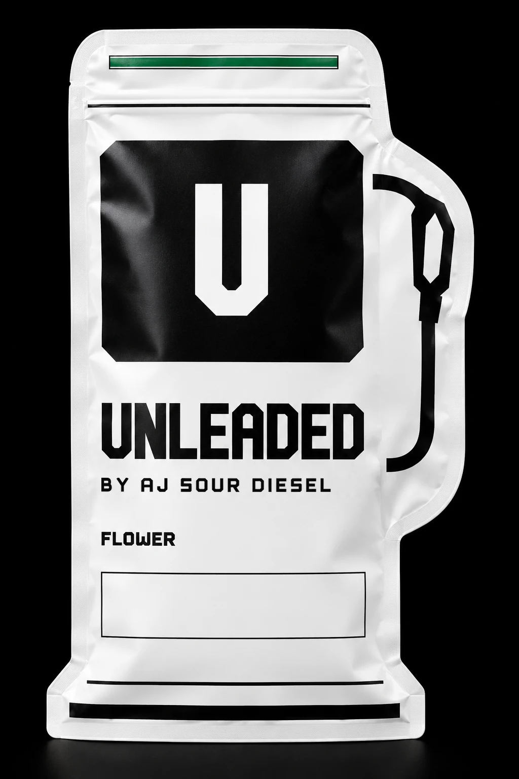 Unleaded white die-cut pump pouch with green zipper and the lettering Unleaded by AJ Sour Diesel. Concept render.